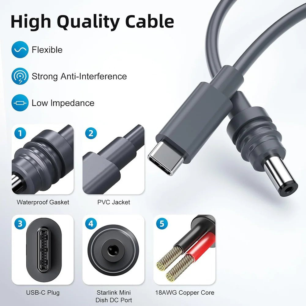 TSART Starlink Mini USB-C to DC Power Cable 6.6FT/10FT/16.5FT