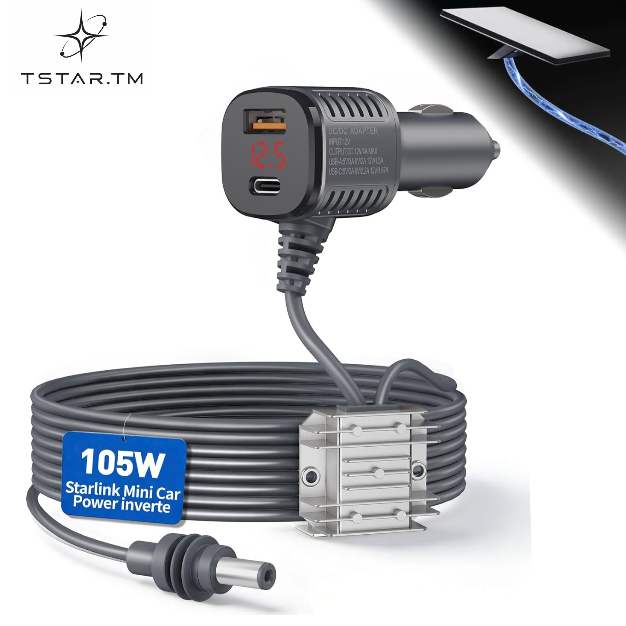 Starlink Mini Car Power Adapter — 105W Boost, 12V~24V Cigarette Lighter, 2m/3m/5m Cable