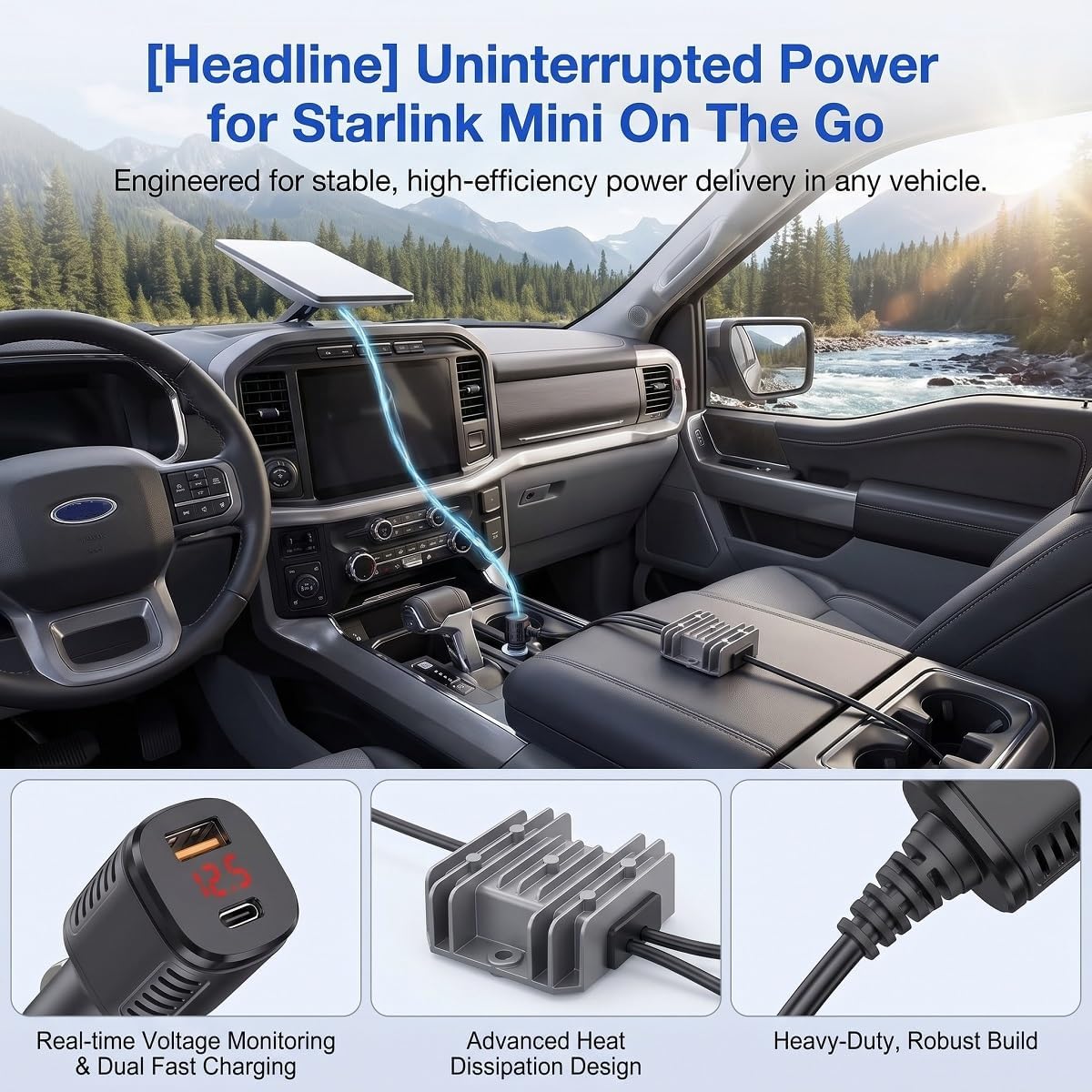 Starlink Mini Car Power Adapter — 105W Boost, 12V~24V Cigarette Lighter, 2m/3m/5m Cable