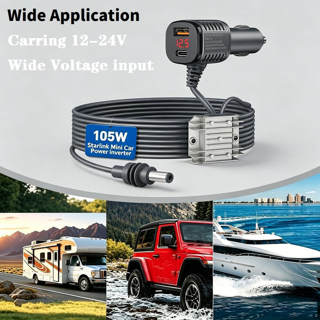 Starlink Mini Car Power Adapter — 105W Boost, 12V~24V Cigarette Lighter, 2m/3m/5m Cable